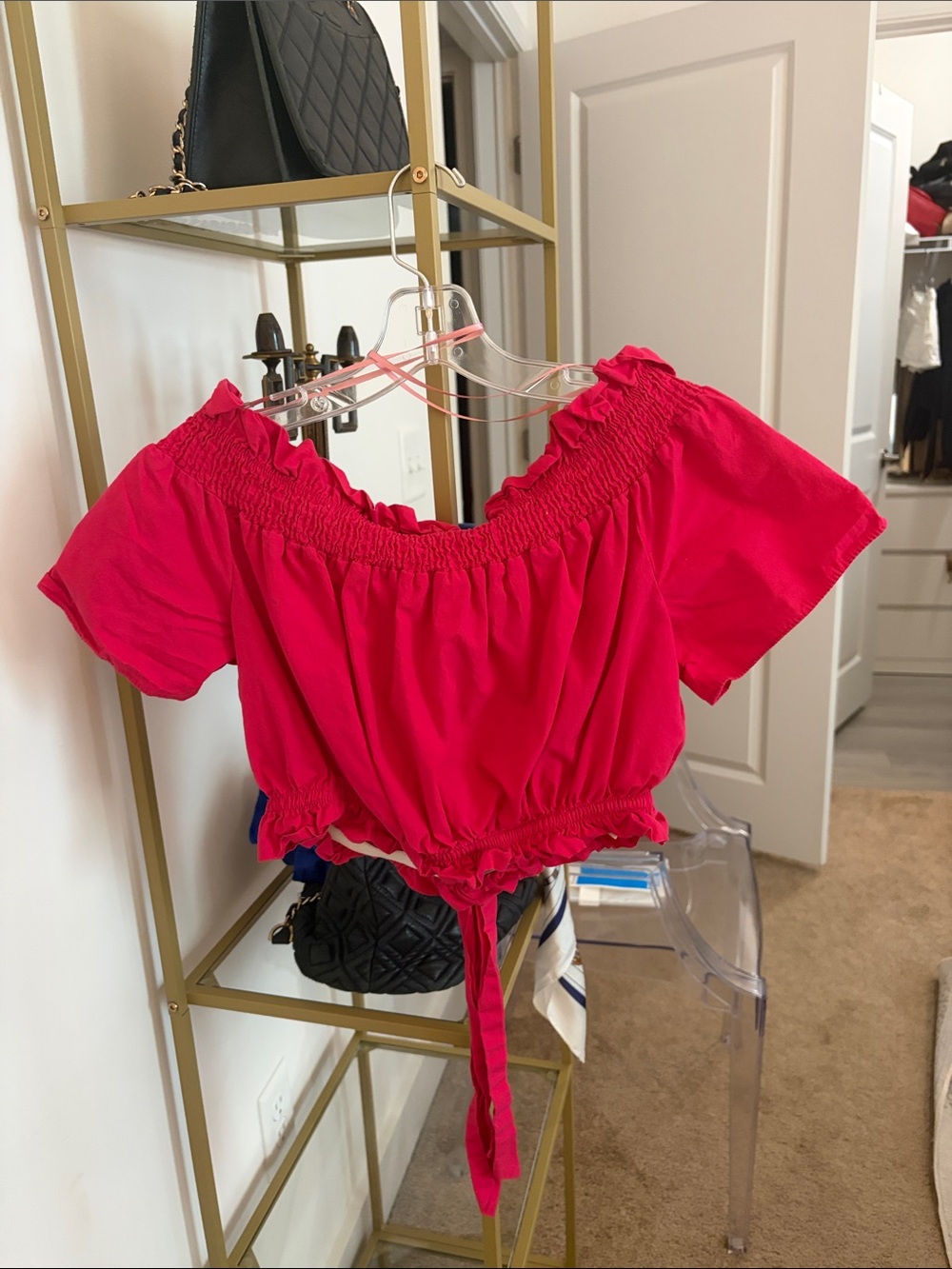Zara Hot Pink Smocked Off-Shoulder Crop Top